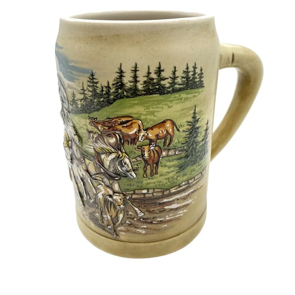 VTG German Beer stein‎ mug tankard 3D image Stage coach horses western theme